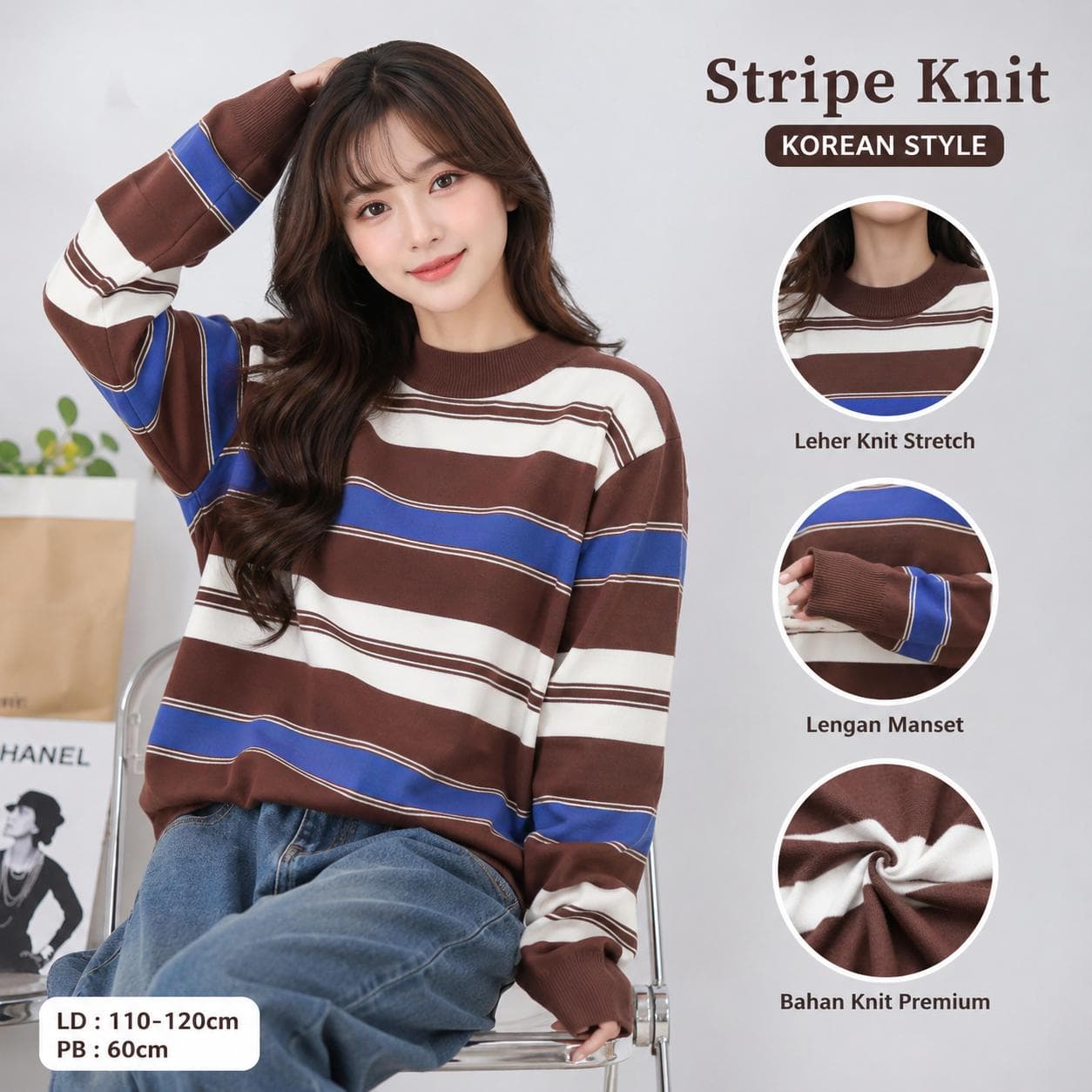 Reva Atasan Sweater Rajut Wanita Oversize Stripe Knit Korean Style Lengan Panjang Premium