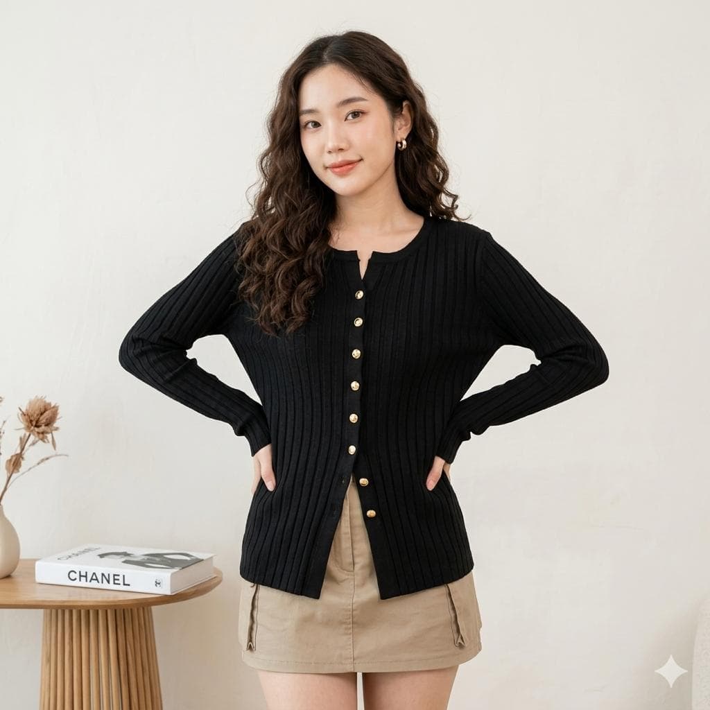 Prilly Cardigan Rajut Premium Wanita Gold Button - Knitwear Rib Lengan Panjang Korea Style