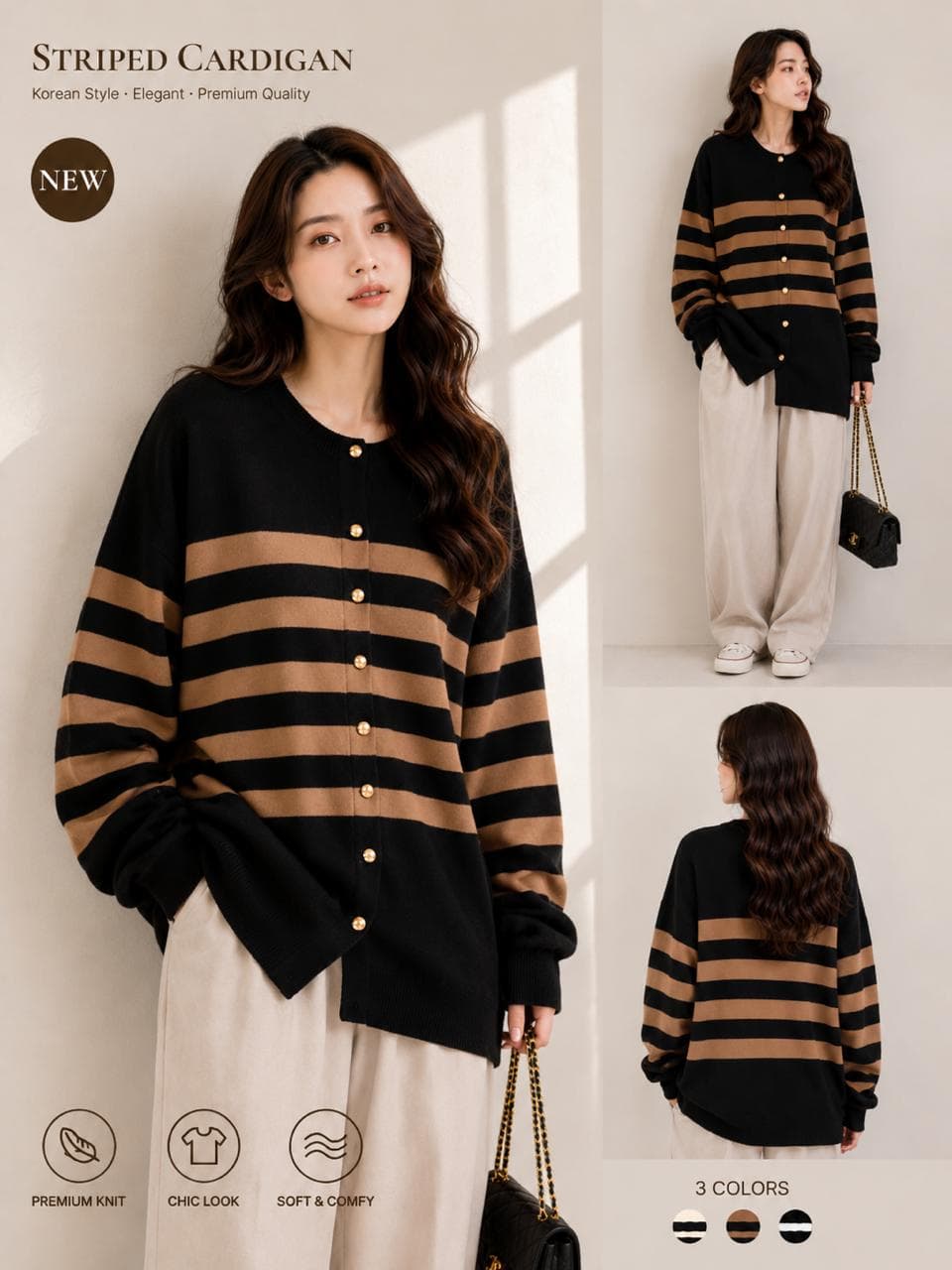 Soraya Cardigan Rajut Wanita Premium Korean Style Salur Outer Rajut Kekinian