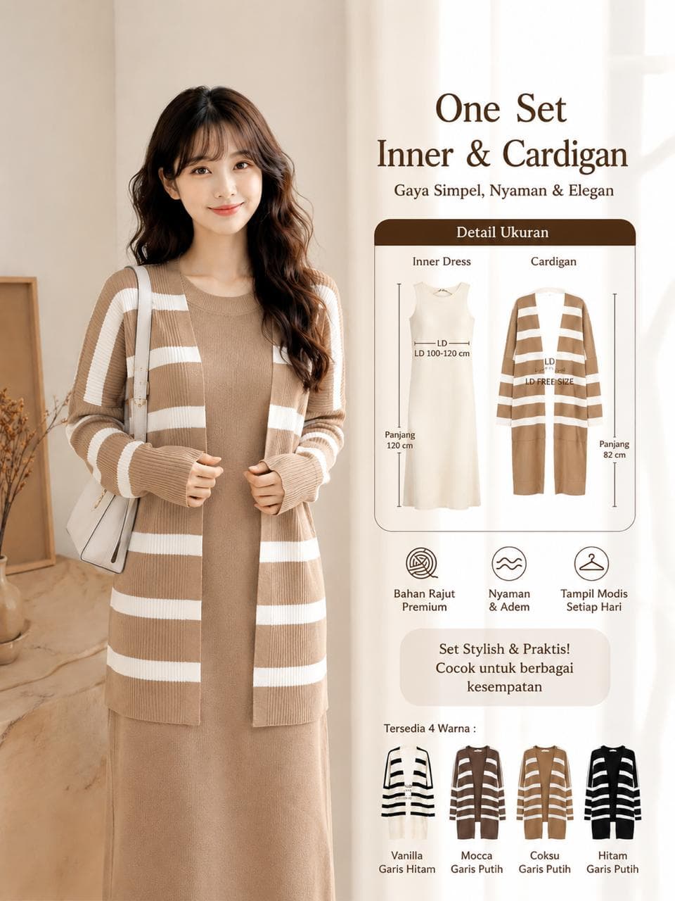 Claraa One Set Rajut Wanita Premium Korean | Dress Rajut + Cardigan Rajut Salur | Knitwear Korea Style Premium